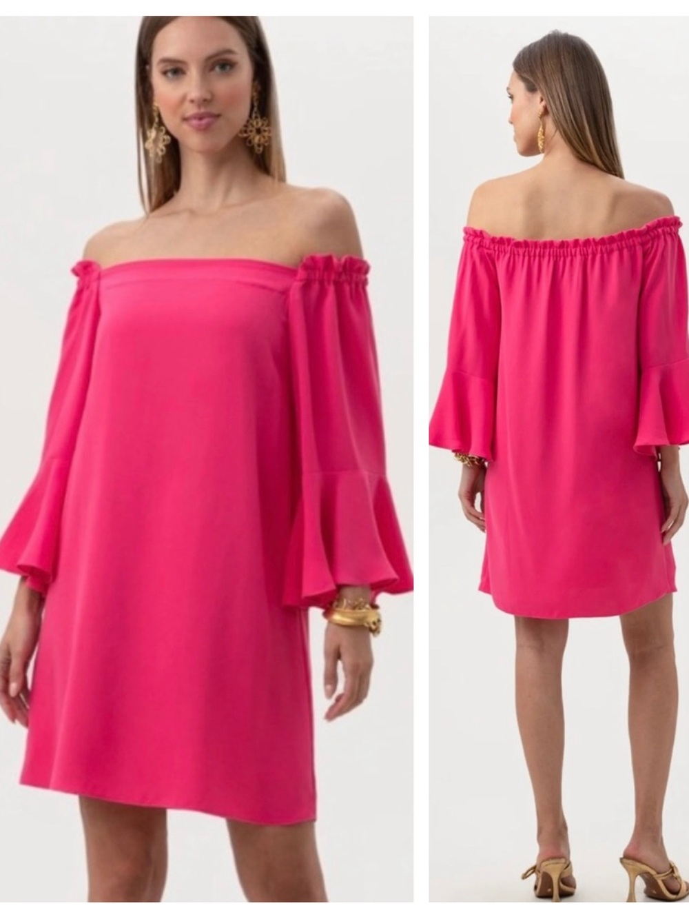 NWT Trina Turk Knox Off Shoulder Dress Flower Child Pink Bell Sleeve
